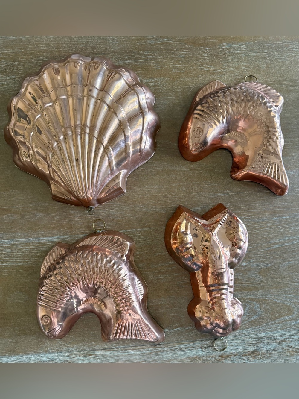 🐚🦞🐟 Vintage Set of 4 Copper Jelly Molds -  Shell, Lobster, Fish x2
